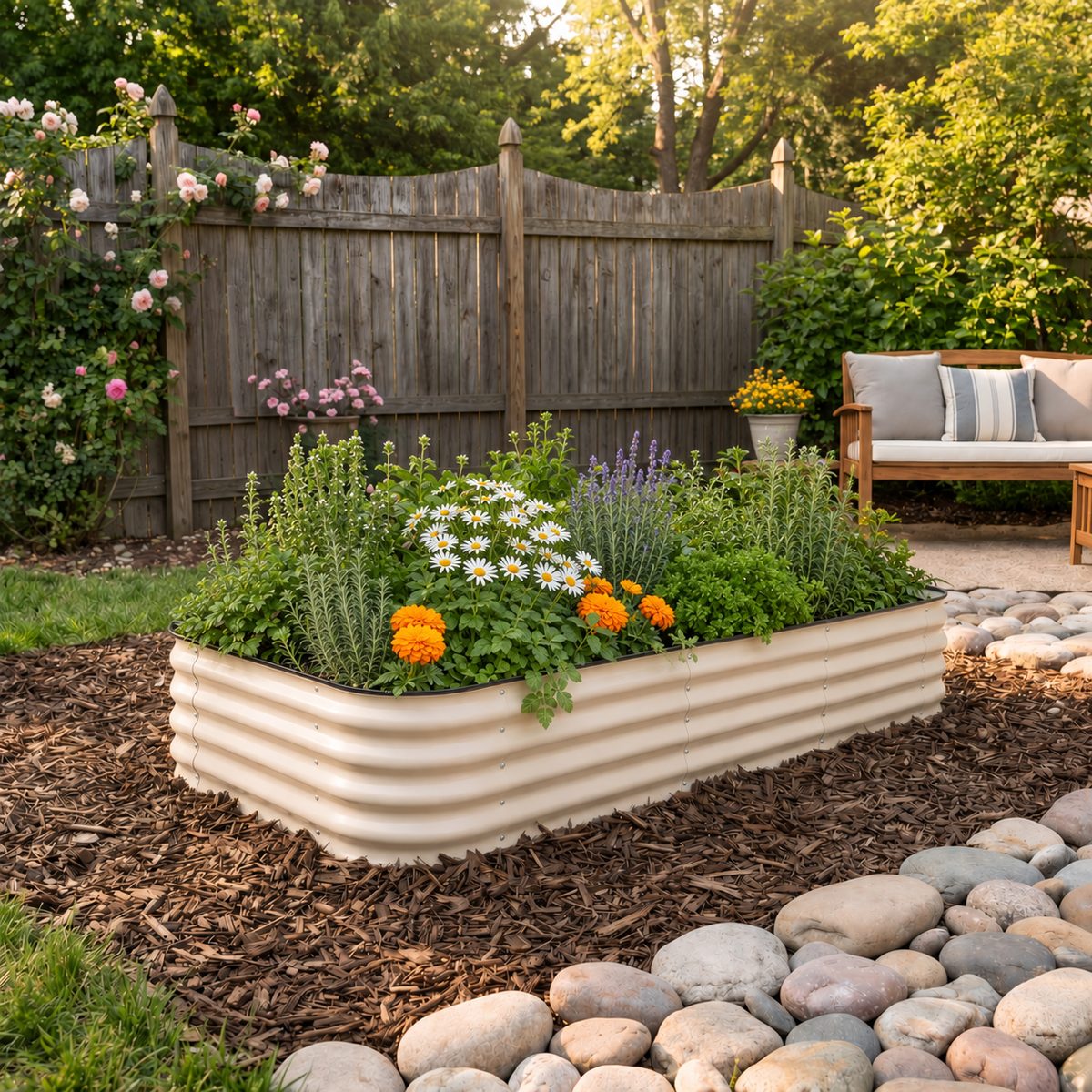 Cream corrugated metal raised bed, planted with flowers and herbs.