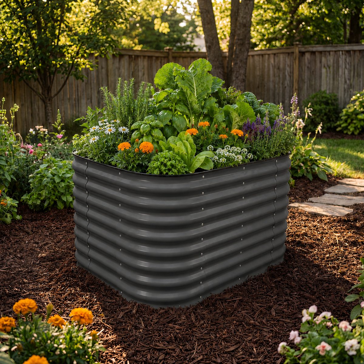 Dark grey corrugated metal raised bed, planted with greens and flowers.