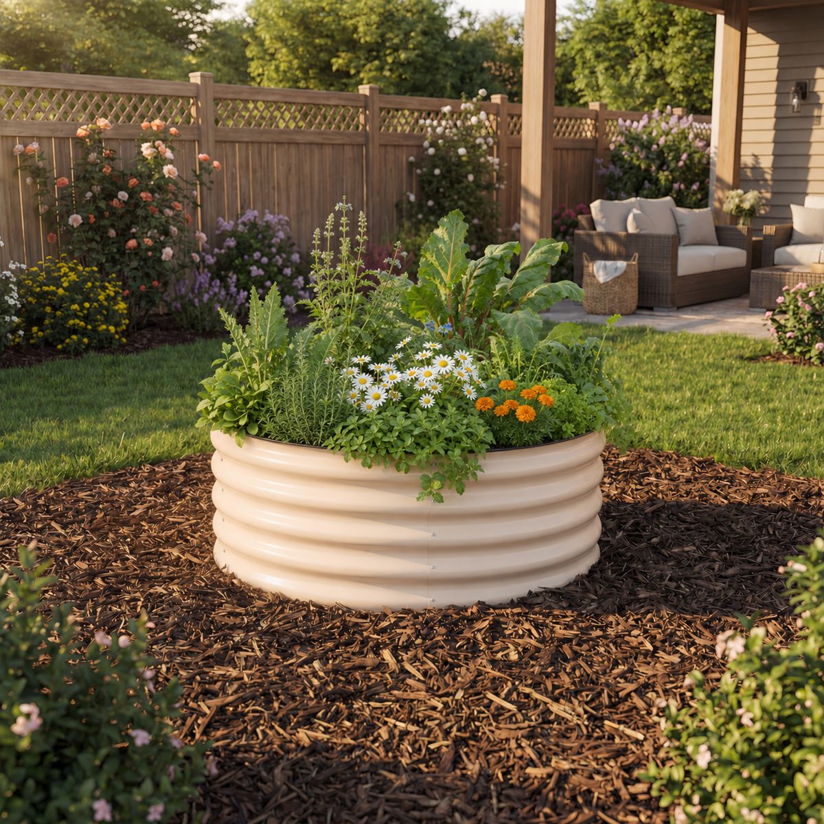 Cream round corrugated metal raised bed, planted with vegetables and flowers.