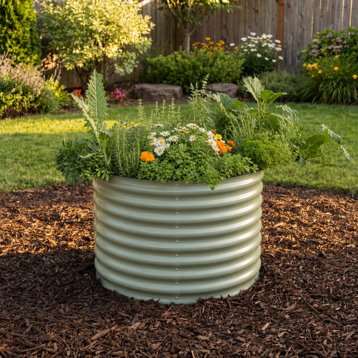 Pale green round corrugated metal raised bed, planted with herbs and flowers.