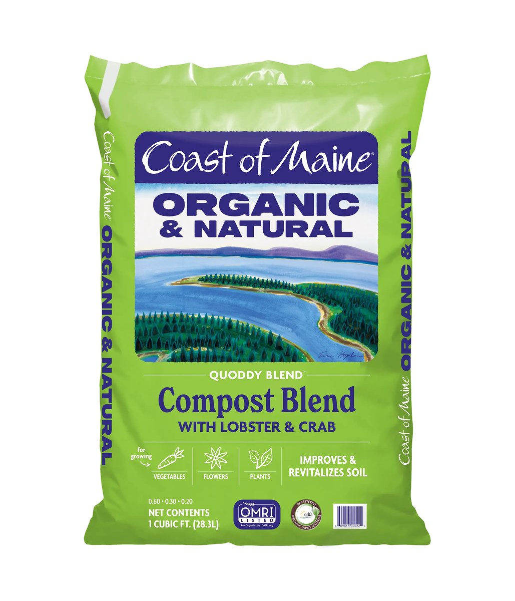 Coast of Maine Quoddy Blend compost bag with lobster and crab, labeled 1 cubic foot.