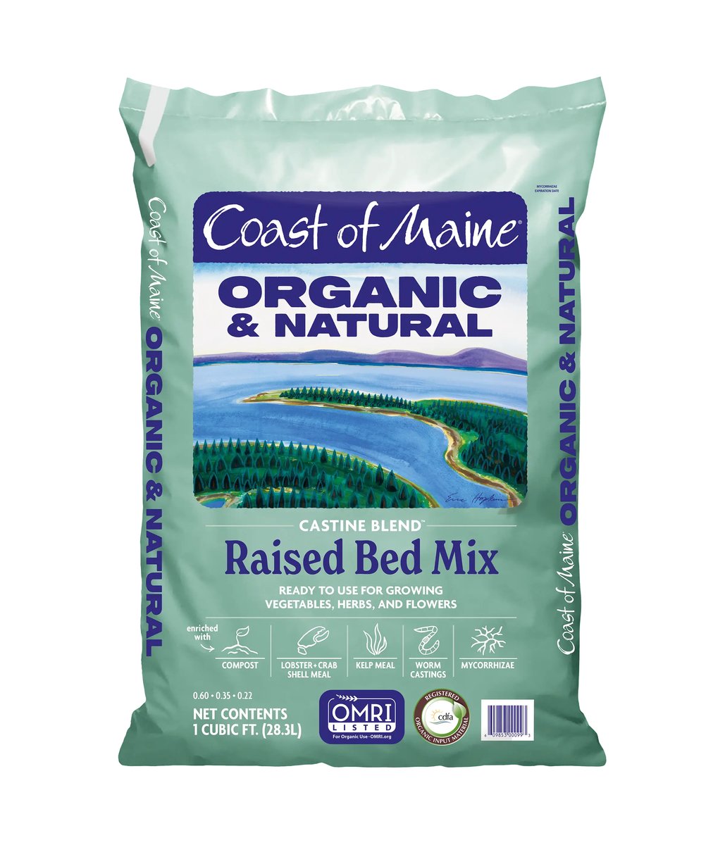 Coast of Maine Castine Blend raised bed mix bag, labeled 1 cubic foot.